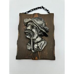 Vintage‎ Wall Plaque Art Man Smoking Pipe 3D Relief Rustic Wood Silver 7x5.5in